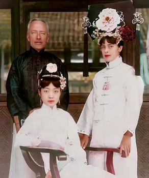 Two women and a man in traditional Chinese clothing pose for the camera.